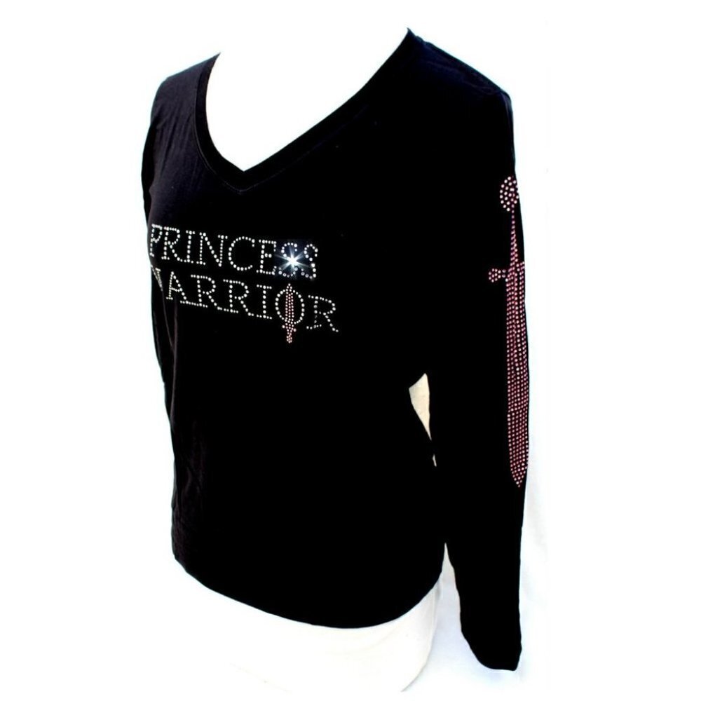 Womens Size Princess Warrior Crystal Bling Long V-Neck Sleeve Top Pink Sword